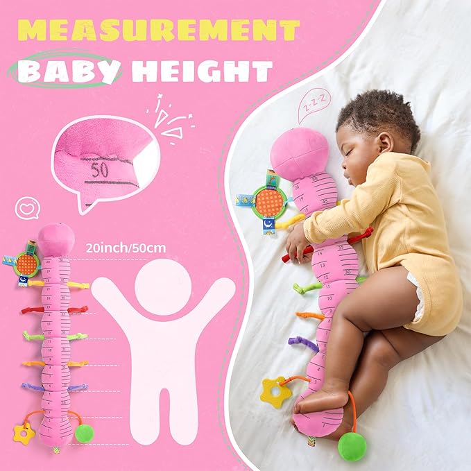 Baby Toys 6-12 Months Music Caterpillar,Stuffed Animals Infant Toys 0-3-6 Months,Teething Sensory Toys Tummy Time with Mirror Crinkle Rattle&Pull String for Boys Girls Gifts Birthday|Pink