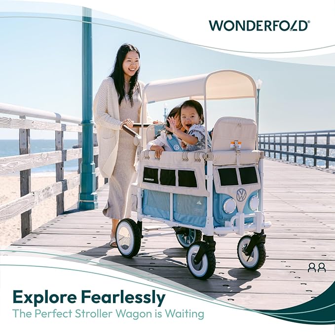 WONDERFOLD Volkswagen Double Stroller Wagon (2 Seater) - Foldable Wagon Stroller with Classic VW Bumper, Headlights, and Retro All-Terrain XL Wheels, Sage Green