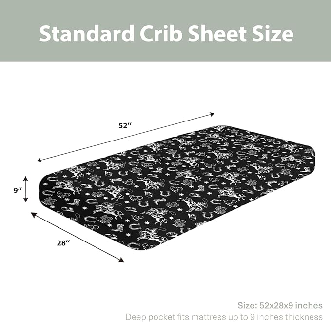 Black Western Cowboy Baby Crib Sheets for Boy Girl 52"x28" Cowboy Boots Hat Horse Cactus Soft Stretchy Fitted Crib Mattress Cover Wild West Desert Baby Sheet for Standard Crib and Toddler Mattress