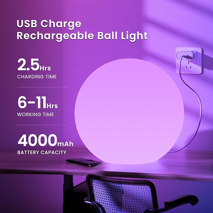 LOFTEK 20-inch LED Large Dimmable Light Ball: RGB 16 Color Changing Glow Ball with Remote Control, Waterproof Floating Pool Lights, Rechargeable for Nursery, Pool, Garden Decor