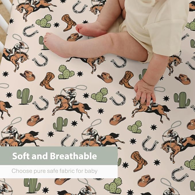 Country Western Baby Crib Sheets for Boy Girl 52x28Inch Cowboy Hat Boots Horse Cactus Soft Snug Fitted Crib Mattress Covers Wild West Desert Baby Sheet for Standard Crib & Toddler Bed Mattresses