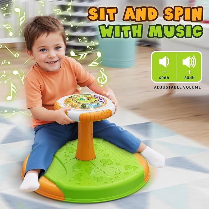 Dinosaur Sit and Spin Toys for Toddlers 1-3 Boys, 360° Toddler Spinning Seat with LED Lights and Music, Sensory Toys Birthday for Kids 3-5