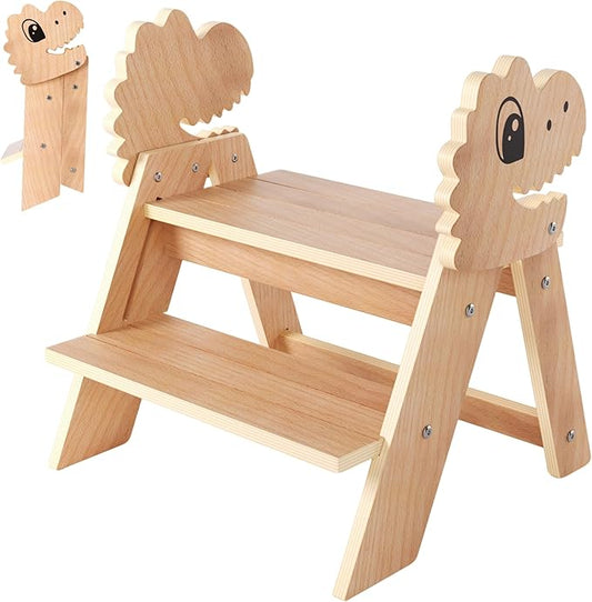 Novarieth Beech Wooden Toddler Step Stool, 2-Step Foldable Stool for Kids with Non-Slip Surface, Baby Bathroom Stool for Potty Training, Bathroom Sink, Kitchen Counter with Cute Dinosaur Design