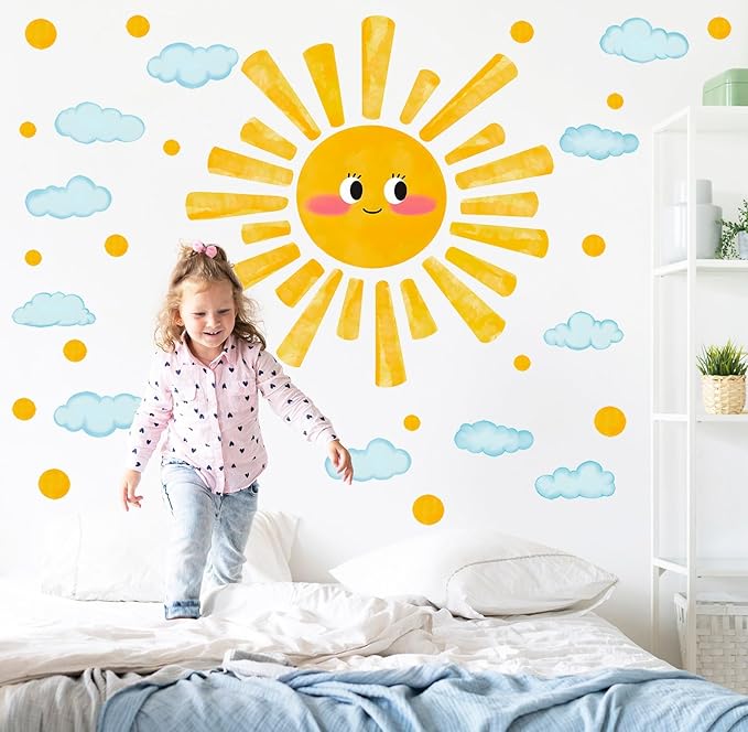 Eutecado Large Sun Wall Decals Watercolor Cloudy Wall Stickers for Kids Room, Smile Sun Polka Dots Clouds Wall Decor Stickers Peel and Stick Art Murals Decorations for Nursery Classroom Bedroom