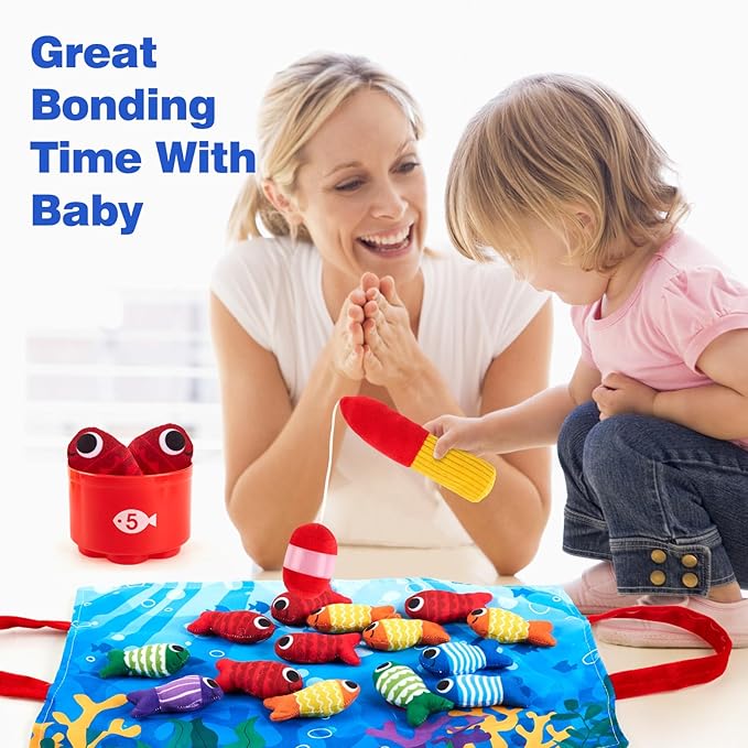Toddler Montessori Toys for 1-3 Year Old Boy Girl, 23 Pcs Cloth Fishing Game Set with Double-Sided Mat, Learning Toys for Number & Color Sorting, Birthday Gifts for Babies & Toddlers