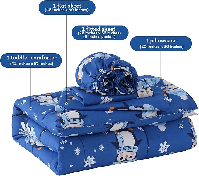 JSD Christmas Toddler Bedding Set, 4 Piece Blue Penguin Snowflakes Bed-in-Bag Comforter Sheet Set, Machine Washable