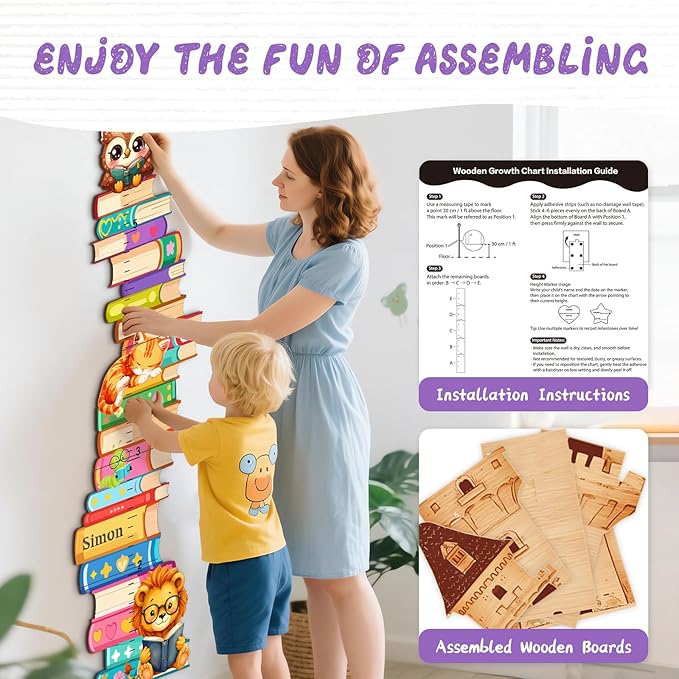 Woodemon Personalized Name Wooden Growth Charts for Kids, Stacks of Book Height Measurement for Wall Girls Boys Teen Room Nursery Decor