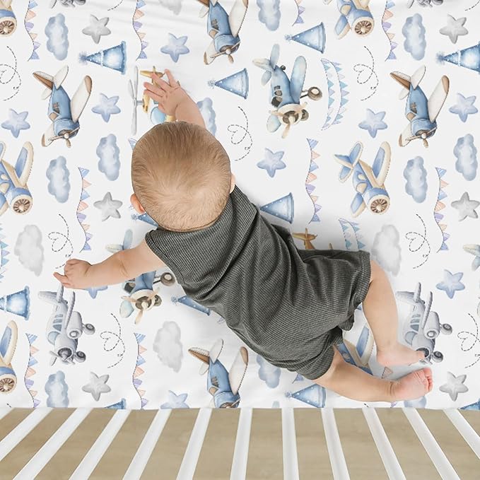 Vintage Planes Airplanes Helicopters Baby Crib Sheets Boy Girl 28"x52" Retro Stars Plane Clouds Sky Soft Stretchy Fitted Crib Mattress Cover Baby Sheet for Standard Crib & Toddler Mattress Pad