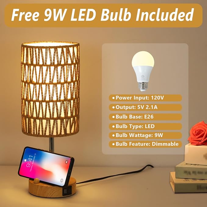 Eayaya Bedside Lamps Set of 2 with Bulb, Touch Control Nightstand Lamp for Bedroom with Rattan & Linen Shade, 3 Way Dimmable Small Boho Table Lamps with USB Charging Port & Phone Stand