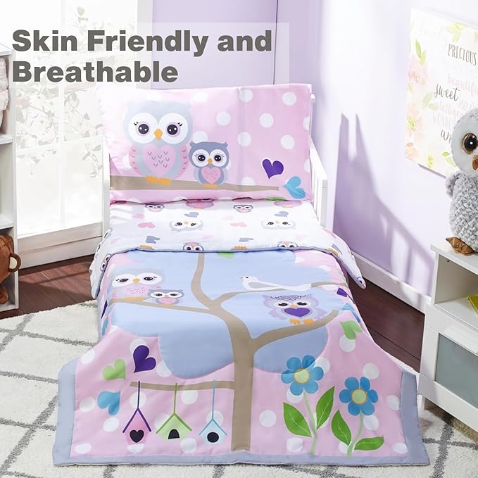 EVERYDAY KIDS 4 Piece Toddler Bedding Set - Owls - Soft 100% Cotton Percale - Includes Comforter, Flat Sheet, Fitted Sheet and Reversible Pillowcase