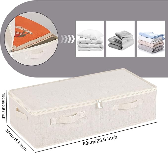 ENUMAIL Underbed Storage Container, Foldable Under Bed Bins, Wardrobe Organisers with Lid for Organizing Clothes, Sheets, Blankets, Comforter, 23.6x11.8x5.9in, Beige, 2 Pack
