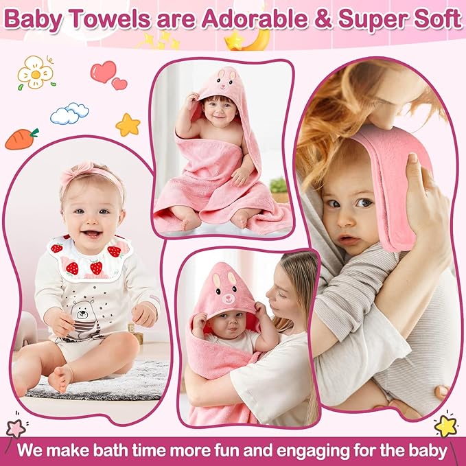 5 Pcs Baby Towels Set, 32x32 in Hooded Bath Towel, 3 Pcs Baby Washcloths and Muslin Baby Bibs for Newborns, Toddlers, and Kids, Baby Towels and Washcloths Set for Boys and Girls (Pink Rabbit)