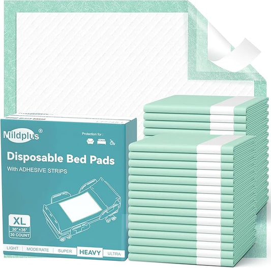Bed Pads with Adhesive Strips 30''X36'', 30 Count | Extra Large XL Underpads | Secure & Waterproof Chucks for Incontinence Care | for Adults, Seniors, Kids & Pets