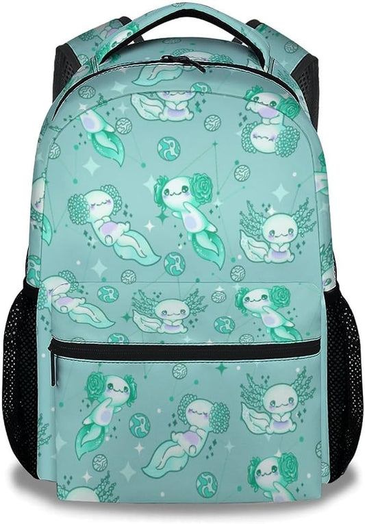 Mercuryelf Axolotl Backpack for Girls, 16 Inch Emerald Green Backpacks for School Travel, Cute Lightweight Bookbag for Kids