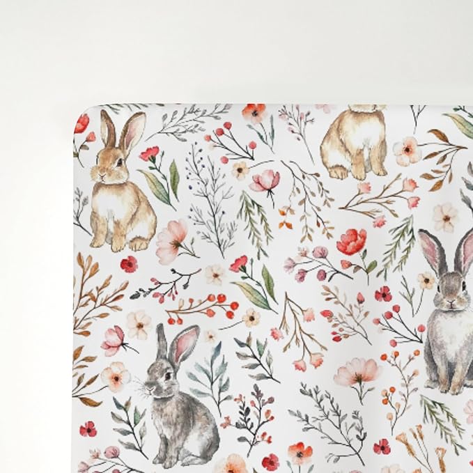 Vintage Rabbit Boho Floral Baby Crib Sheets for Boy Girl 52"x28" Retro Bunny Wild Flowers Soft Stretchy Fitted Crib Mattress Cover Spring Garden Animal Baby Sheet for Standard Crib & Toddler Mattress