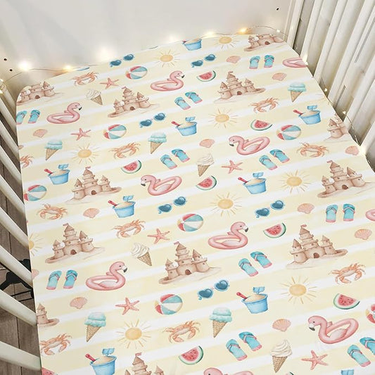 Summer Beach Seaside Baby Crib Sheets for Boy Girl 52x28Inch Ice Cream Sand Flamingo Sun Soft Snug Fitted Crib Mattress Cover Boho Travel Vacation Baby Sheet for Standard Crib & Toddler Bed Mattress