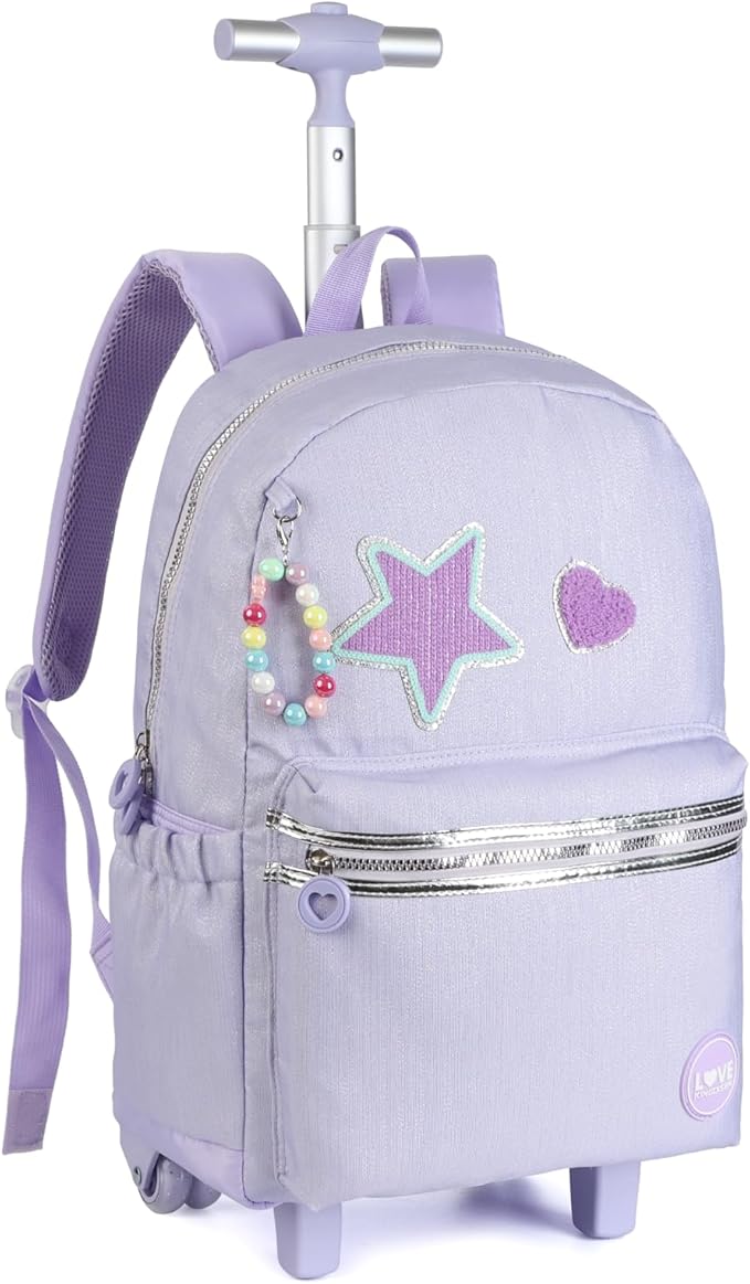 kingdisen Adult extra Large Kids Rolling Backpack with Lunch Box 3pc Set (STAR HEART PURPLE)