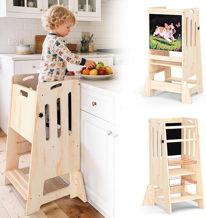 Worldmx Kids Kitchen Stool Helper, Adjustable Height Toddler Kitchen Step Stool, Learning Standing Tower with Blackboard, 1-3 Years Old Boys Girls Gift