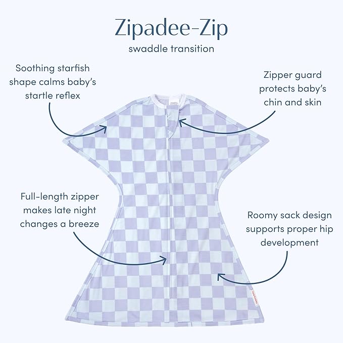 SleepingBaby Zipadee-Zip Transition Swaddle - Cozy Baby Swaddle Blanket with Zipper Convenience - Roomy Wearable Blanket for Easy Diaper Changes - Lavender Check, Small (4-8 Month)