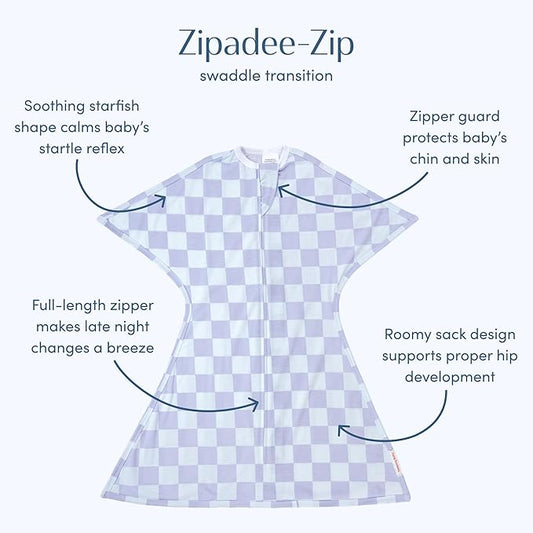 SleepingBaby Zipadee-Zip Transition Swaddle - Cozy Baby Swaddle Blanket with Zipper Convenience - Roomy Wearable Blanket for Easy Diaper Changes - Lavender Check, Small (4-8 Month)