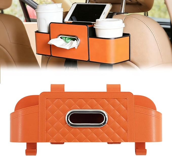 Car Organizer With Tissue Holder, Car Organizer & Storage Box, 5-in-1 Car Organizer Back of Seat, 2 Deep Cup Holders, Tissue Box Holder, Phone & Bag Hooks Zoning Storage (Orange-B)