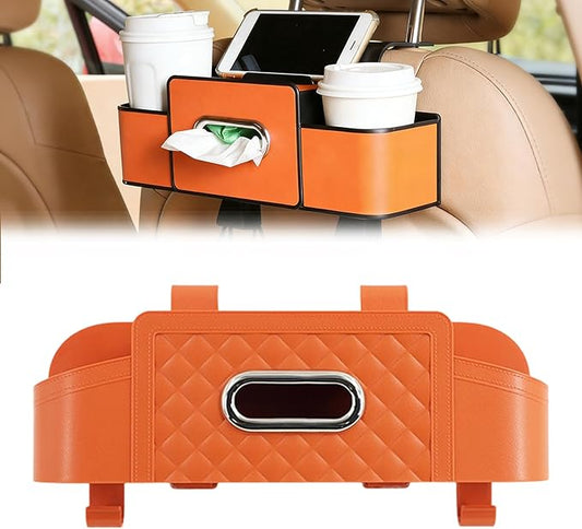 Car Organizer With Tissue Holder, Car Organizer & Storage Box, 5-in-1 Car Organizer Back of Seat, 2 Deep Cup Holders, Tissue Box Holder, Phone & Bag Hooks Zoning Storage (Orange-B)