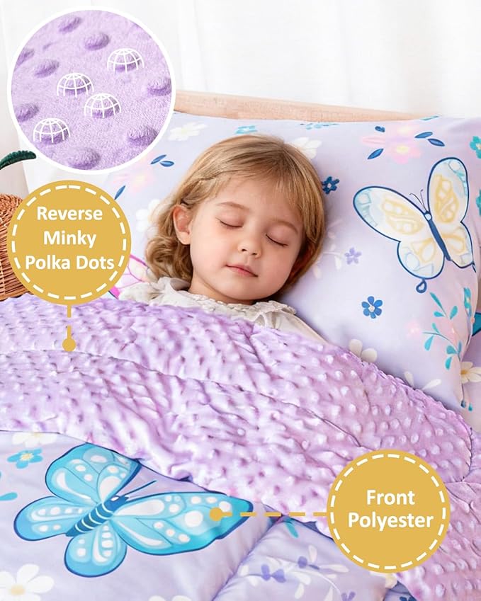 TinyPalsa Butterfly Toddler Bedding Set, 4-Piece Comforter Set for Girls and Boys, Breathable Crib Bedding Includes Ultra-Soft Plush Minky Comforter, Flat and Fitted Sheets, and Reversible Pillowcase