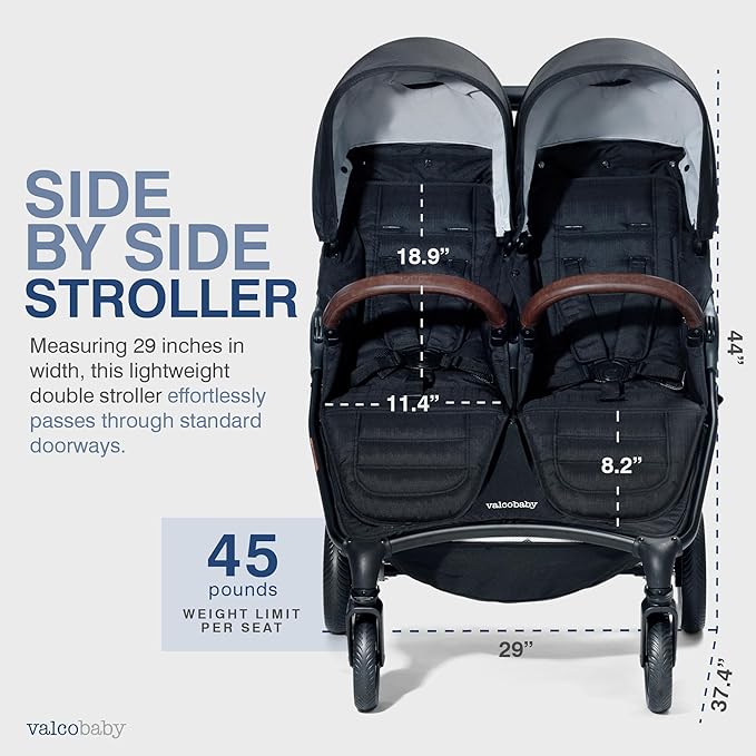 Valco Baby - Trend Duo Double - Side by Side Double Stroller for Newborn and Toddler - Easy Compact Fold, Multi-Position Recline, Large Canopy Infant Twin Stroller 2025 (Night Black)