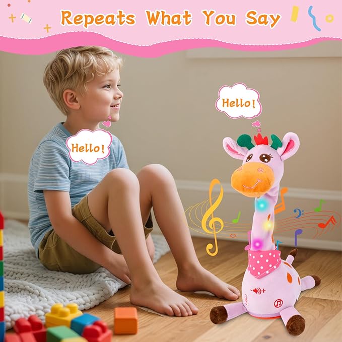 Dancing Talking Giraffe Toy, Stuffed Animal Baby Toy Repeating What You Say, Glowing Musical Electronic Giraffe Gifts for Toddlers 1-3 Years Old (Purple Giraffe)