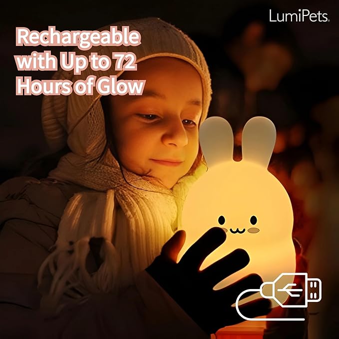 Lumipets Baxter The Bunny Squishy Night Light for Kids | Silicone Lamp with Tap & Remote Control | Rechargeable Color Changing Animal Night Light for Boys & Girls | Portable Nightlight with USB Cord