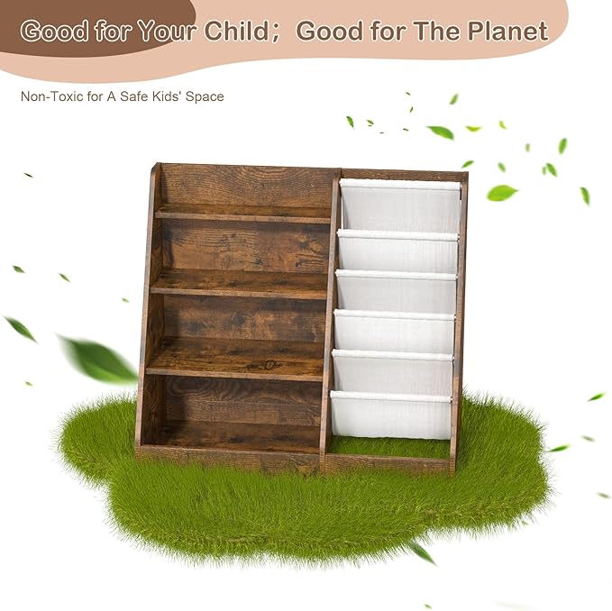 HedoAjim Kids Bookshelf for Bedroom Toddler Children Baby Bookcase 4-Tier for Nursery Book Toy Storage Organizer 5 Sling Book Display Shelf Book Rack Wood Classroom Playroom Rustic Brown
