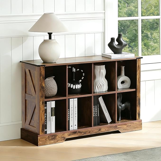 Puntogen 8 Cube Storage Organizer, Wood Cube Bookshelf with LED Lights, Horizontal Storage Cubes, Kids Bookshelf, Display Cabinet Cubby Shelf for Living Room Home Office Bedroom，Brown