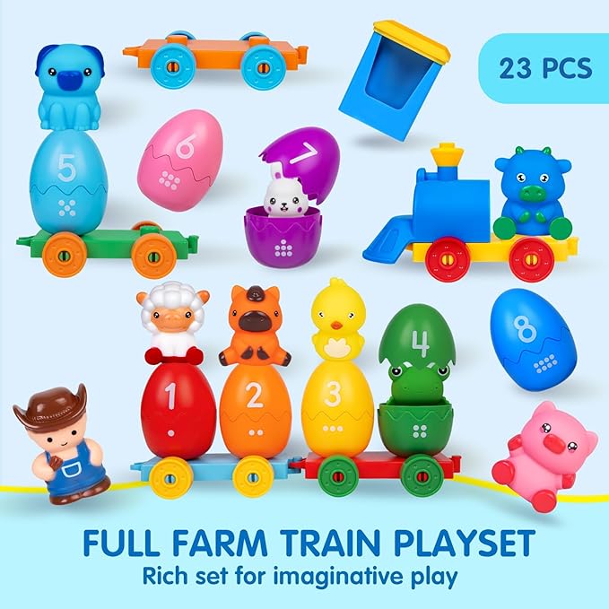 Toddler Learning Toys for 1 2 3 Years Old, Count Matching & Sorting Montessori Farm Train Set with 8 Farm Animals & 1 Farmer Finger Puppets, Christmas Easter Birthday Gift for Baby Boys Girls