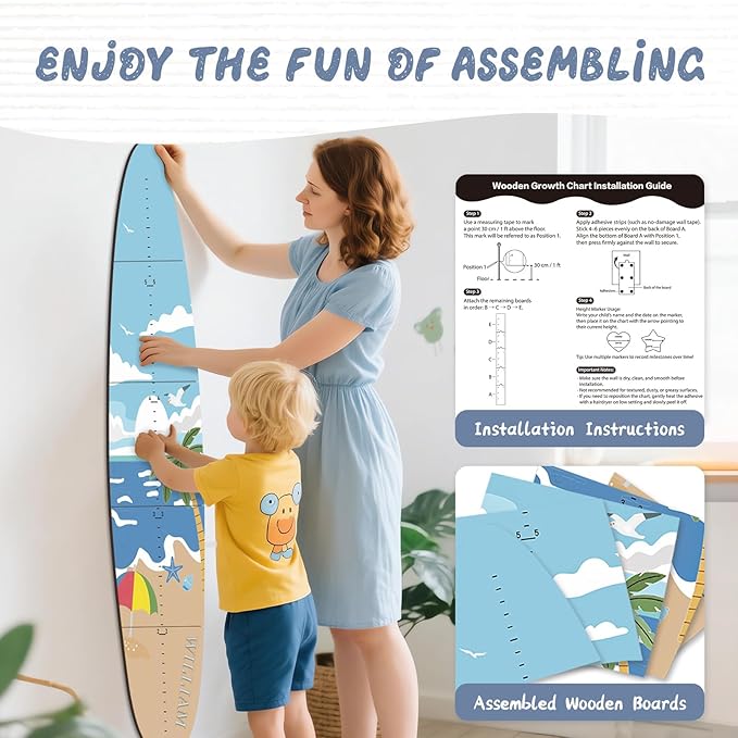 Woodemon Personalized Name Growth Chart, Surfboard Children's Height Growth Chart Wall Board, Stereoscopic Height Ruler, Precision Height Measuring Instrument for Nursery Room, Includes Tools