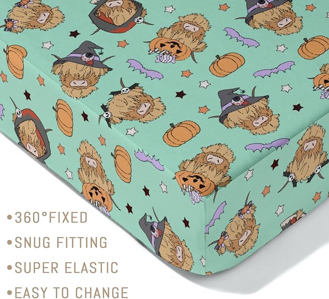Highland Cow Halloween Baby Crib Sheets for Boy Girl Western Cowboy Fall Pumpkin Bats Soft Snug Fitted Crib Mattress Covers for 52''x28'' Standard Crib & Toddler Mattress Spooky Farm Animal Bed Sheet