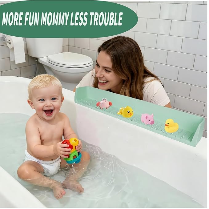 31-Ft Tub Kids Toy Tray Silicone Bathtub Splash Guard with 11 Suction Cups Holder,Soft Silicone Splash Guard for Easy Clean & Fold, Universal for Tub, Bathroom Sink, Kitchen Sink（Green）