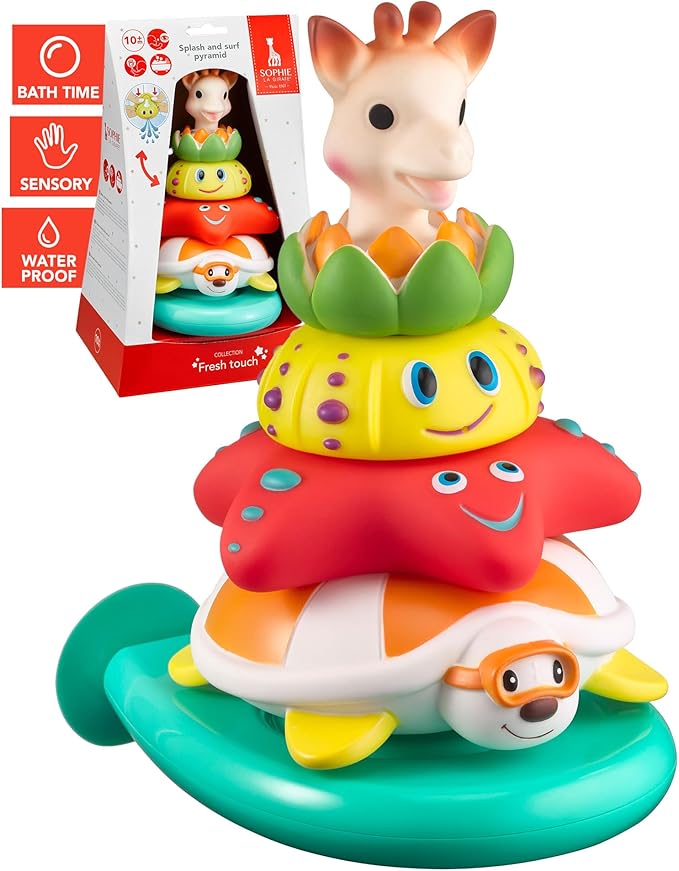 Sophie la girafe Splash & Surf Pyramid | Fun & Colorful Stacking Toy | Animals Spray Water When Pressed | Easy to Clean