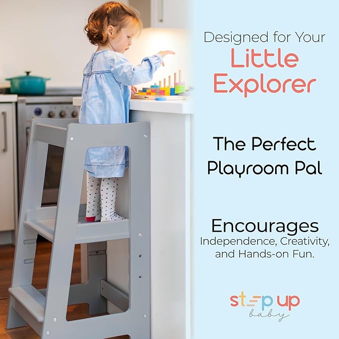 Stepup Baby Toddler Step Stool - Adjustable Height Kids Helper Step Stool, Durable, Non-Slip and Bathroom Sink, Platform for Kitchen, Toddler Tower for Exploration and Growth - Grey