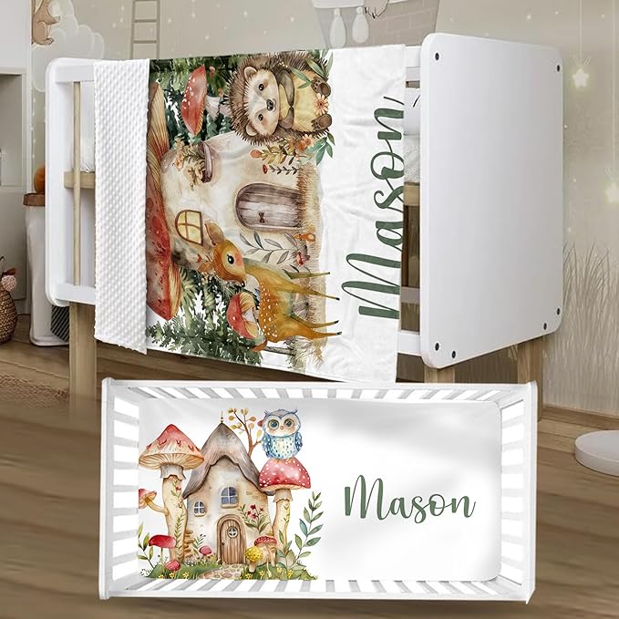 Personalized Baby Crib Bedding Set, Custom Name Mushroom House Baby Bedding 2-Pcs Set - Soft Double Layer Dotted Blanket and Fitted Sheet, Nursery Bedding for Newborn Boys Girls, Perfect Shower Gift