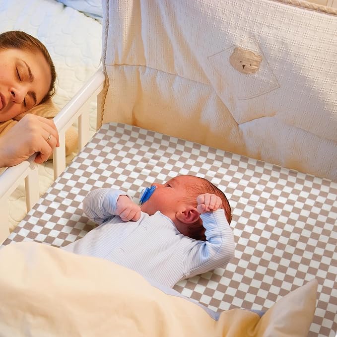 LifeTree Crib Sheets for Baby Unisex - Muslin Fitted Crib Sheets Toddler Bed Sheet, 70% Viscose from Bamboo and 30% Cotton, Coffee Checkered, 26in x 38in