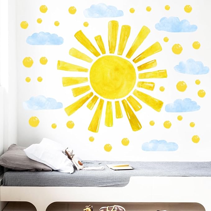 Eutecado Large Sun Wall Decals Cloud Polka Dots Wall Stickers for Girls Room, 12 Sheets Watercolor Sun Wall Decor Stickers Cute Cloud Wallpaper Delicate Decorations for Kids Room Bedroom