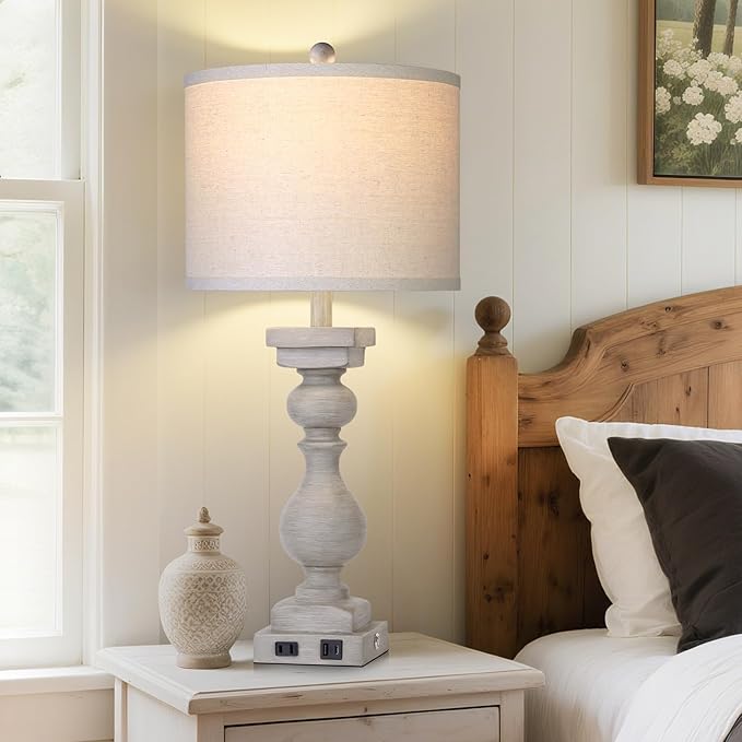 MOUVOVO 28" Tall Farmhouse Table Lamps Set of 2 with USB C+A Ports and AC Outlet, 3 Way Touch Tall Rustic Bedside Lamps for Living Room, Grey Vintage Lamps for Bedroom