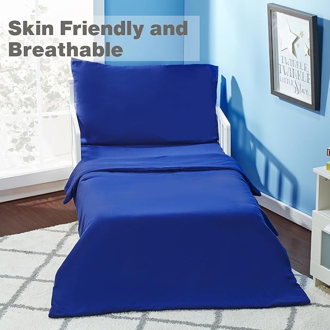 EVERYDAY KIDS 4 Piece Toddler Bedding Set - Includes Comforter, Flat Sheet, Fitted Sheet and Reversible Pillowcase - Solid Navy