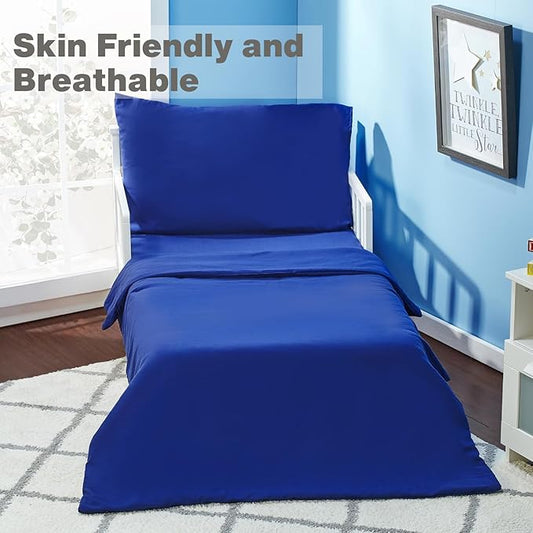 EVERYDAY KIDS 4 Piece Toddler Bedding Set - Includes Comforter, Flat Sheet, Fitted Sheet and Reversible Pillowcase - Solid Navy