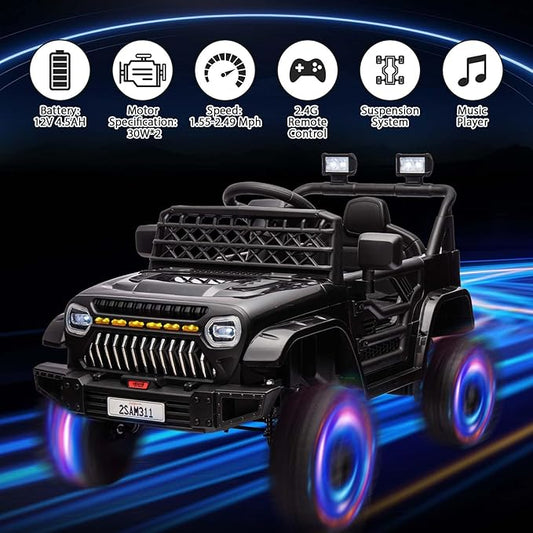 12V Ride On Car for Kids Electric Vehicle Toddlers Battery Powered Truck Car Toy with Remote Control, 4-Wheel Suspension, Battery Display, LED Lights, Music, for Boys Girls, Black