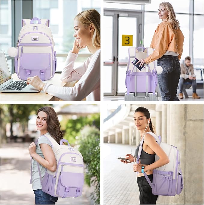 Bevalsa Backpack for Girls, School Backpacks for Girls, Kids Backpack with Lunch Box & Pencil Pouch for Teens Girl Kids Elementary Middle High School College Student Bookbag Daypack (Purple Beige)
