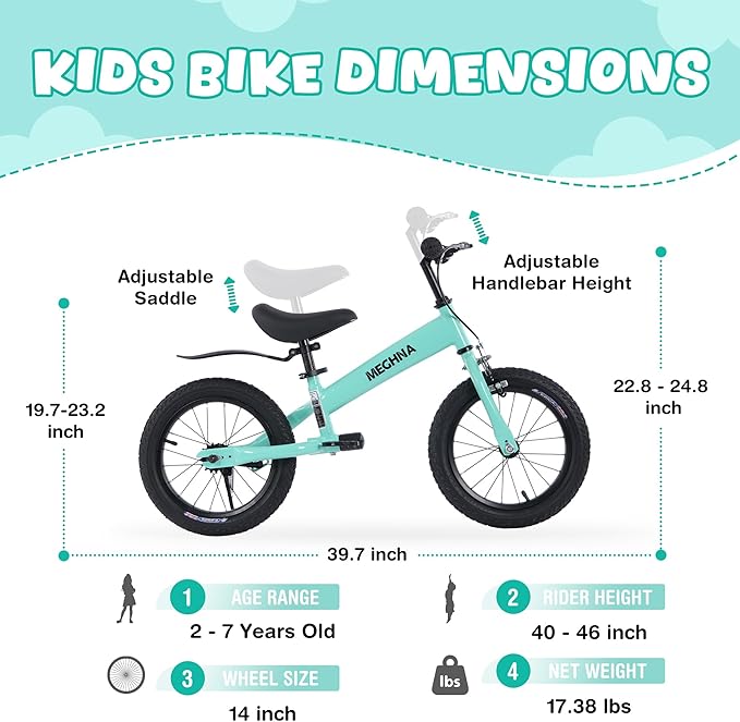 MEGHNA 2 in 1 Toddler Balance Bike 14 inch Wheel Kids Bike Aged 3-7 Years Old with Footrest Detachable Training Wheels Caliper and Coaster Brake Strider Bike for Boys Girls, Easy to Assembly