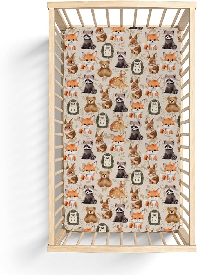 Vintage Animals Boho Floral Baby Crib Sheets for Boy Girl 28"x52" Bear Raccoon Deer Rabbit Hedgehog Leaves Soft Snug Fitted Crib Mattress Cover Baby Sheet for Standard Crib & Toddler Bed Mattress