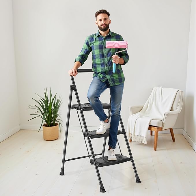 3 Step Ladder, Folding Step Stool with Wide Anti-Slip Pedal and Handrail, Safe-Lock Design, Lightweight, 500lbs Load, Sturdy Steel Ladder, Black
