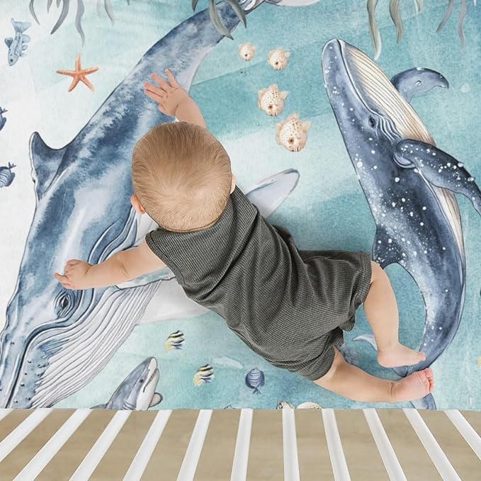 Under The Sea Baby Crib Sheets Boy Girl 52"x28" Boho Whale Shark Turtle Fishes Coral Seaweed Soft Snug Fitted Crib Mattress Cover Ocean Marine Coastal Baby Sheet for Standard Crib & Toddler Mattress